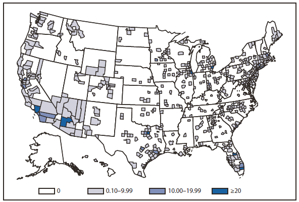HEPATITIS A - This figure is a map of the United States that presents the incidence range per 100,000 population of hepatitis A by county in 2010.